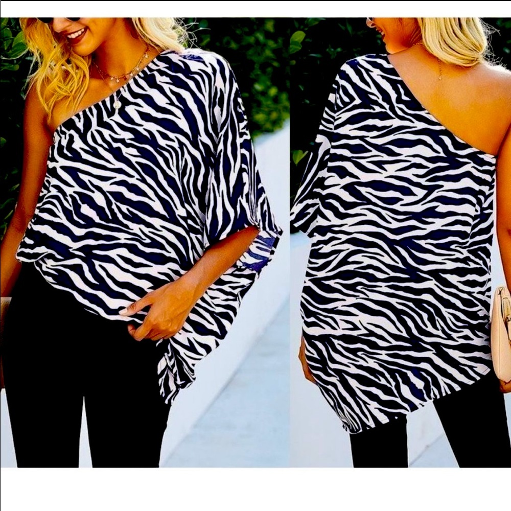 Navy💙White Zebra print one shoulder top4occasions